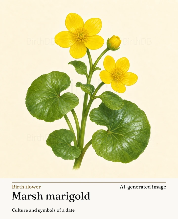 Marsh marigold — BirthDB symbolic illustration (AI-generated image)