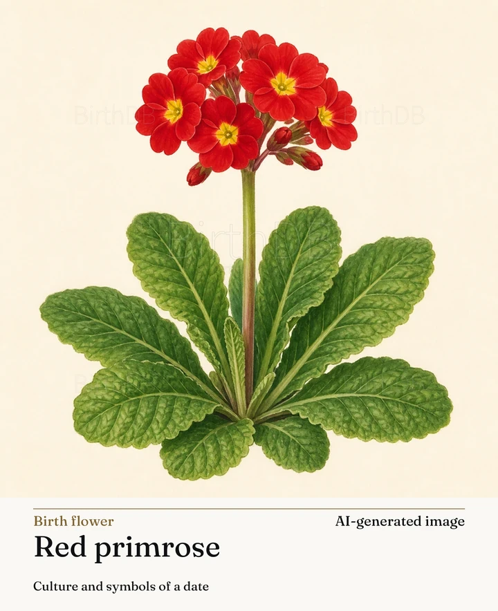 Red primrose — BirthDB symbolic illustration (AI-generated image)