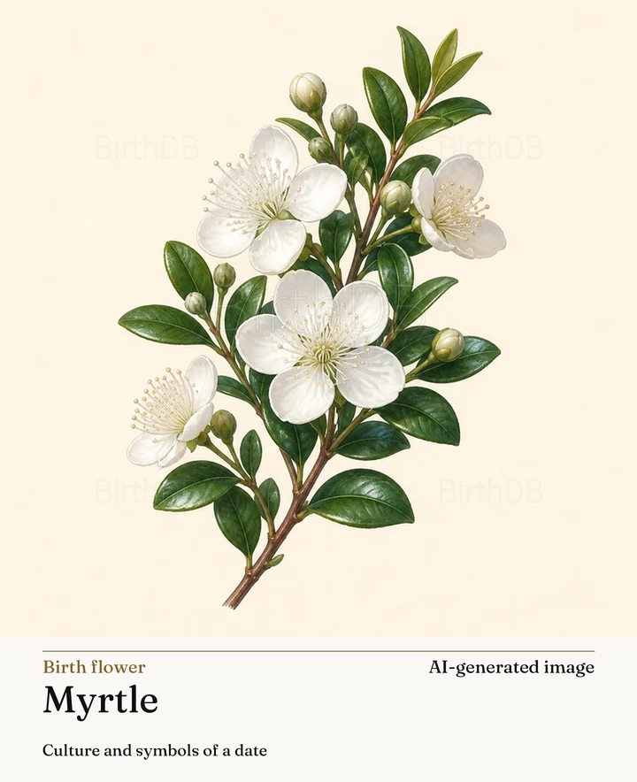 Myrtle — BirthDB symbolic illustration (AI-generated image)