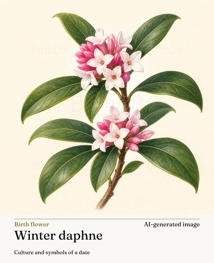 Winter daphne — BirthDB symbolic illustration (AI-generated image)