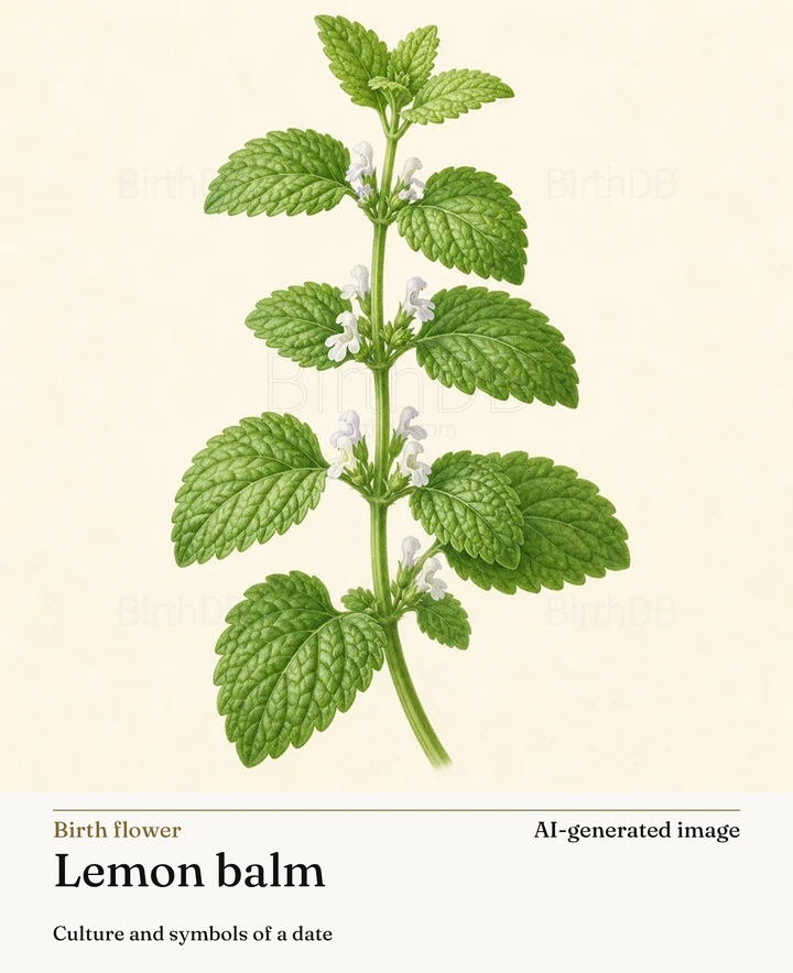 Lemon balm — BirthDB symbolic illustration (AI-generated image)