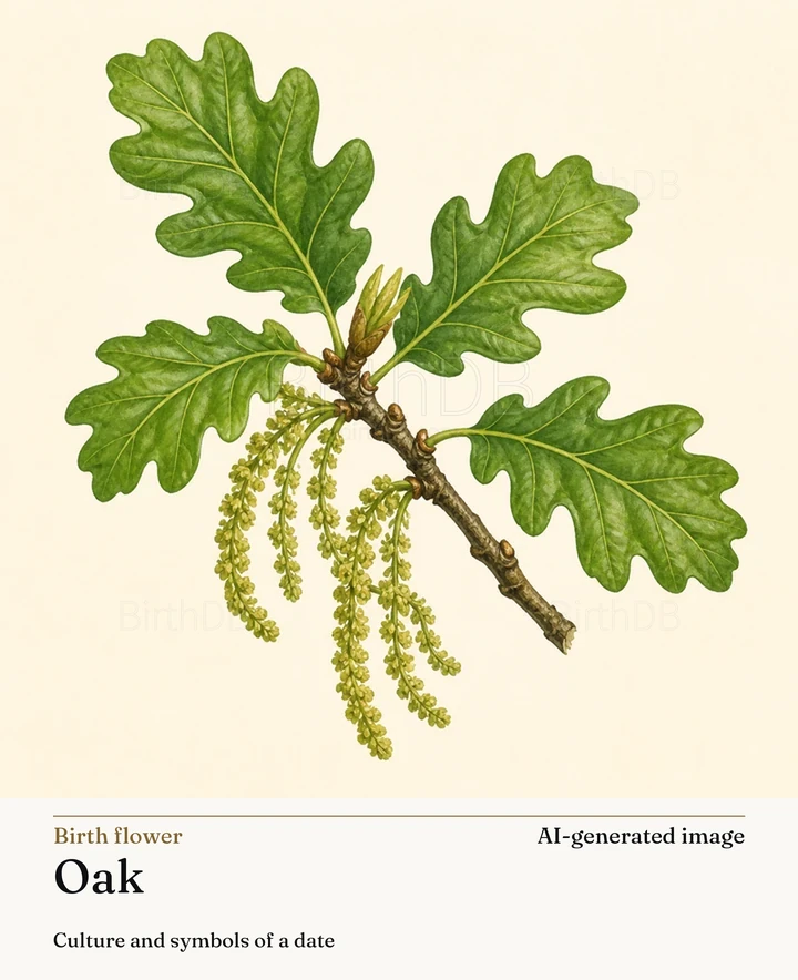 Oak — BirthDB symbolic illustration (AI-generated image)