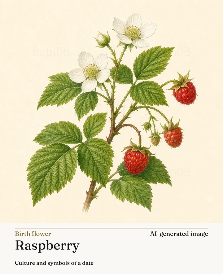Raspberry — BirthDB symbolic illustration (AI-generated image)