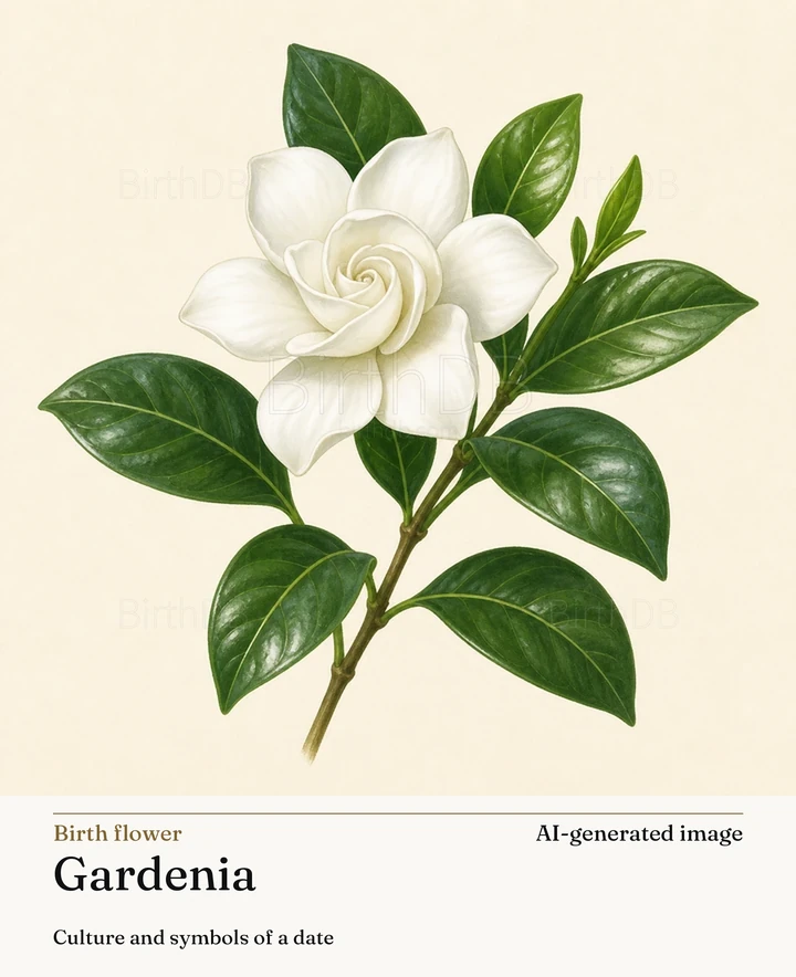 Gardenia — BirthDB symbolic illustration (AI-generated image)