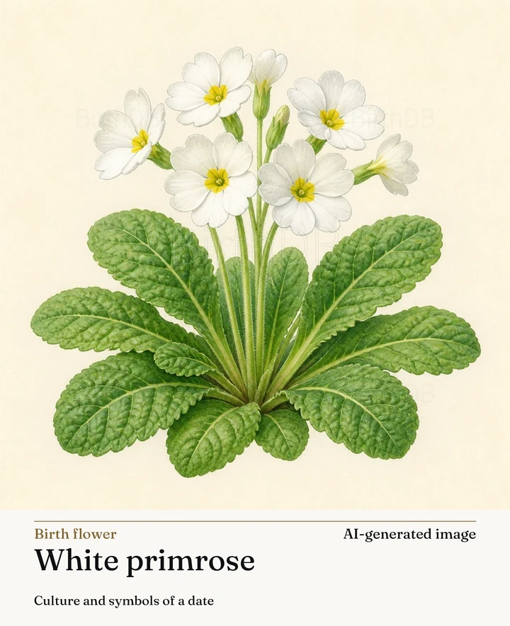 White primrose — BirthDB symbolic illustration (AI-generated image)