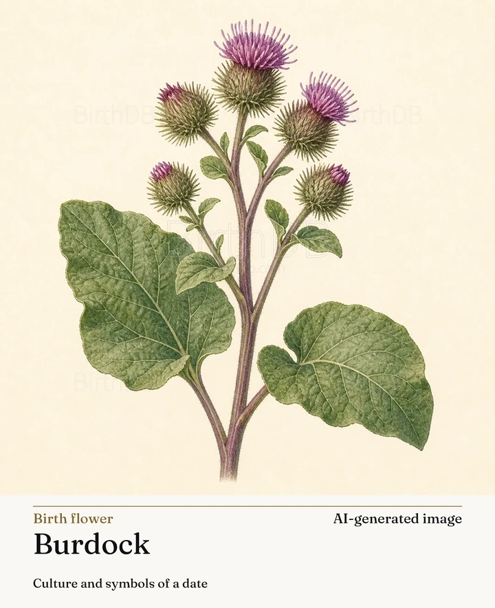 Burdock — BirthDB symbolic illustration (AI-generated image)