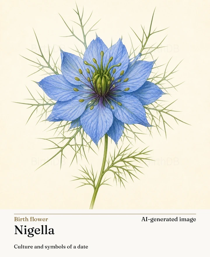Nigella — BirthDB symbolic illustration (AI-generated image)