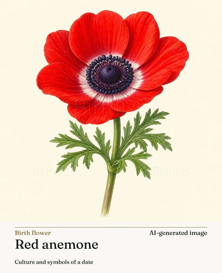 Red anemone — BirthDB symbolic illustration (AI-generated image)