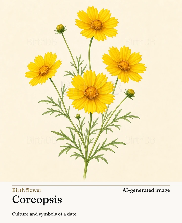 Coreopsis — BirthDB symbolic illustration (AI-generated image)