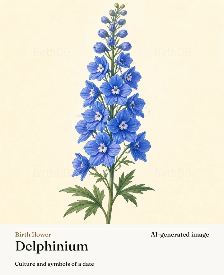 Delphinium — BirthDB symbolic illustration (AI-generated image)
