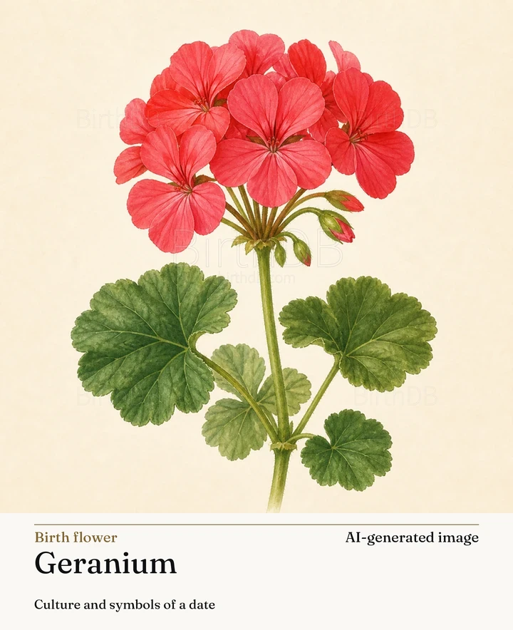 Geranium — BirthDB symbolic illustration (AI-generated image)