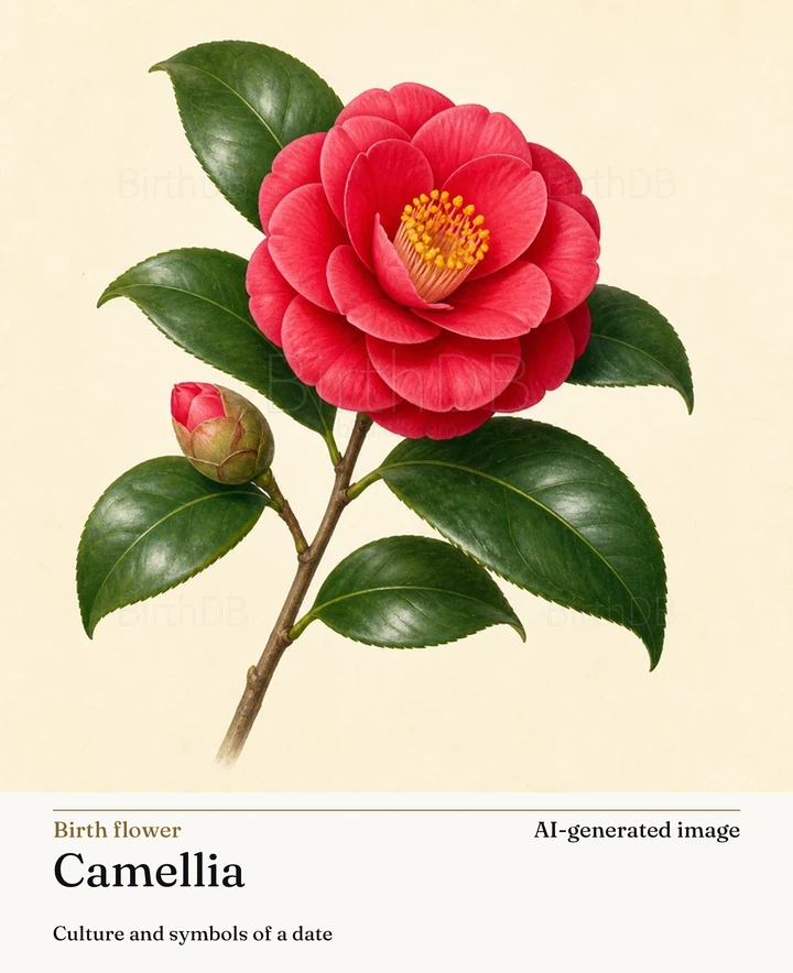 Camellia — BirthDB symbolic illustration (AI-generated image)