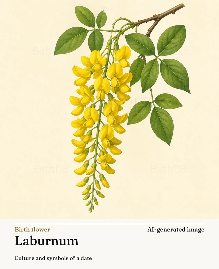 Laburnum — BirthDB symbolic illustration (AI-generated image)