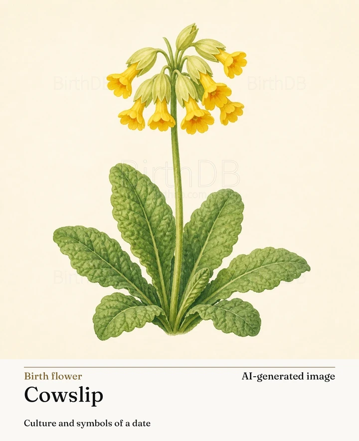 Cowslip — BirthDB symbolic illustration (AI-generated image)