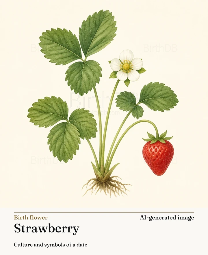 Strawberry — BirthDB symbolic illustration (AI-generated image)