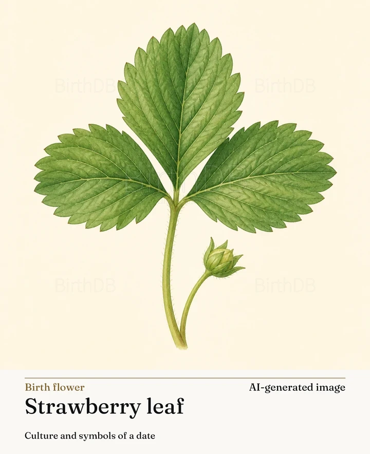 Strawberry leaf — BirthDB symbolic illustration (AI-generated image)