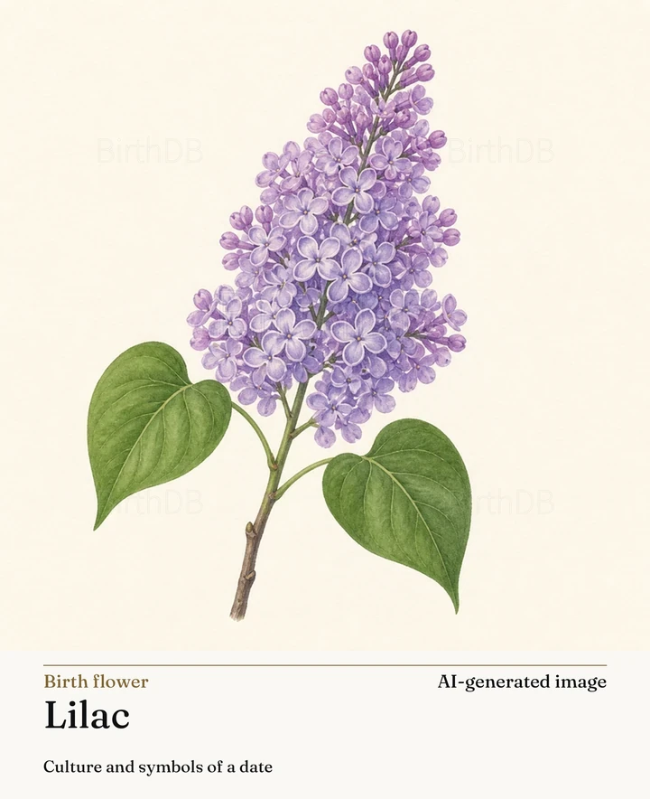 Lilac — BirthDB symbolic illustration (AI-generated image)