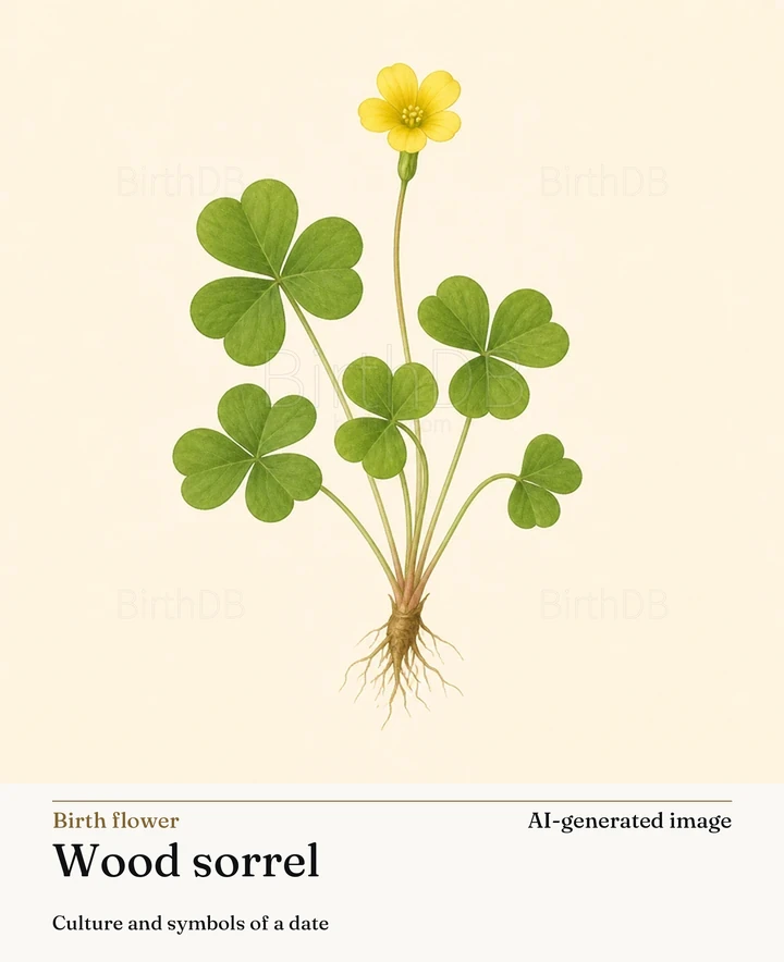 Wood sorrel — BirthDB symbolic illustration (AI-generated image)