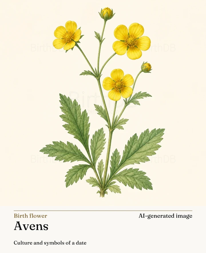 Avens — BirthDB symbolic illustration (AI-generated image)