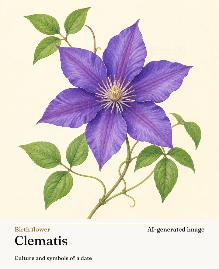 Clematis — BirthDB symbolic illustration (AI-generated image)