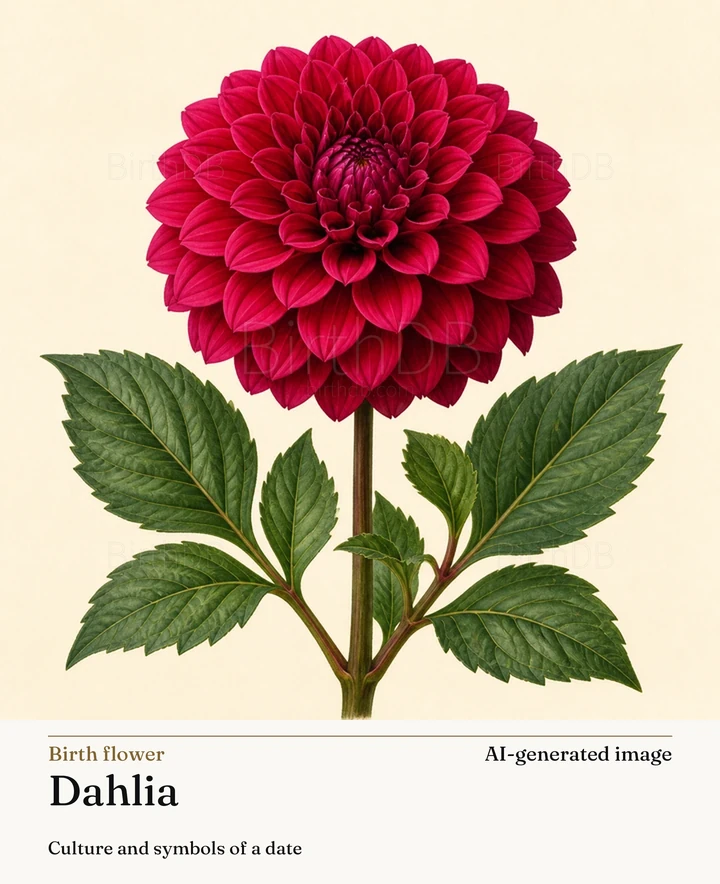 Dahlia — BirthDB symbolic illustration (AI-generated image)