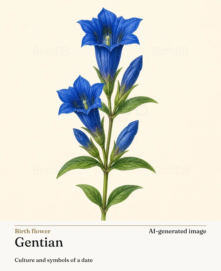 Gentian — BirthDB symbolic illustration (AI-generated image)