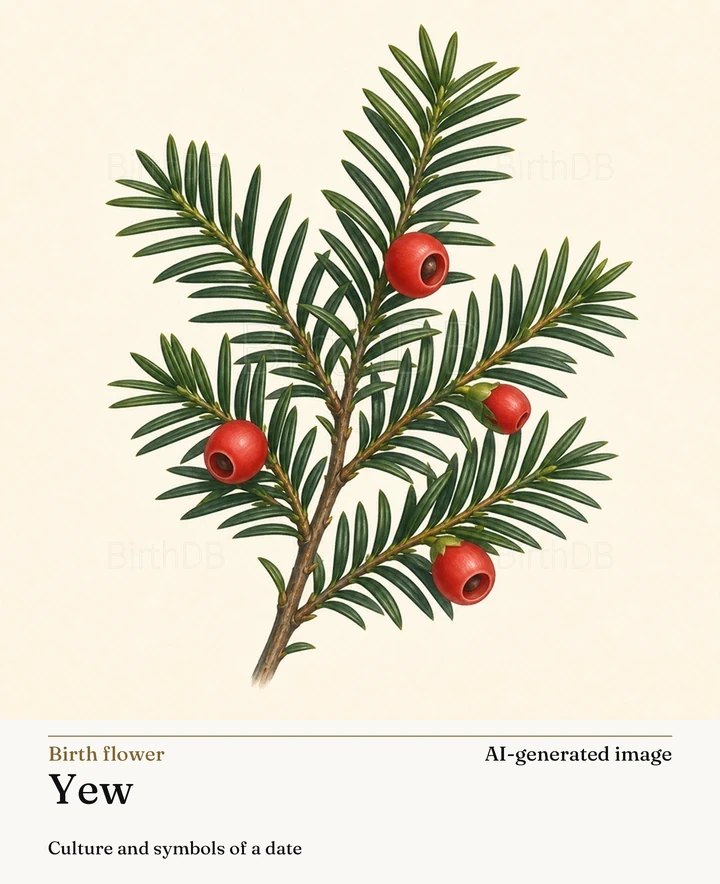 Yew — BirthDB symbolic illustration (AI-generated image)