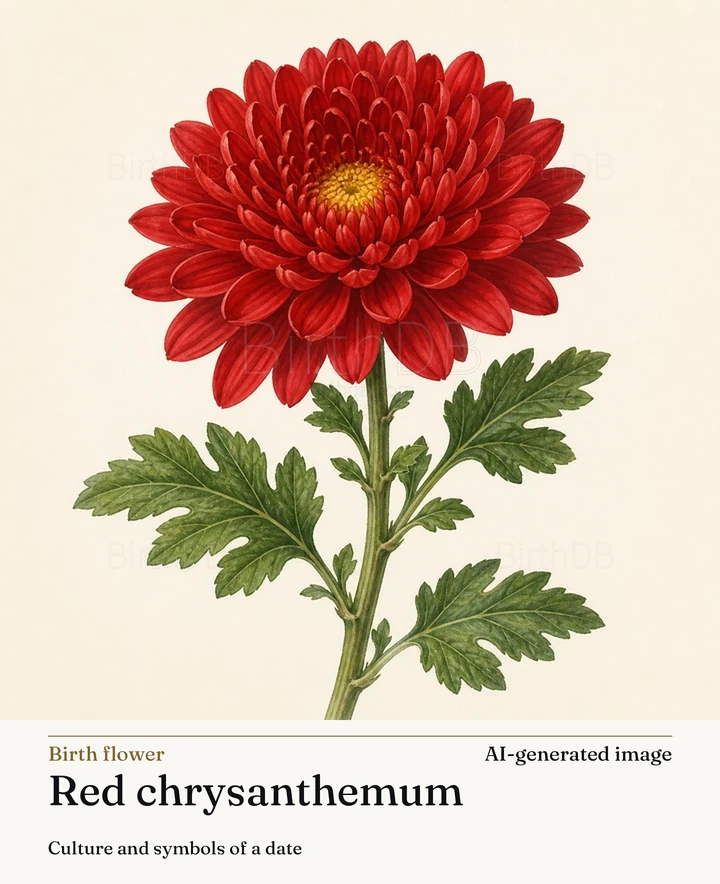 Red chrysanthemum — BirthDB symbolic illustration (AI-generated image)