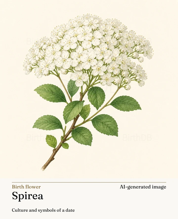 Spirea — BirthDB symbolic illustration (AI-generated image)
