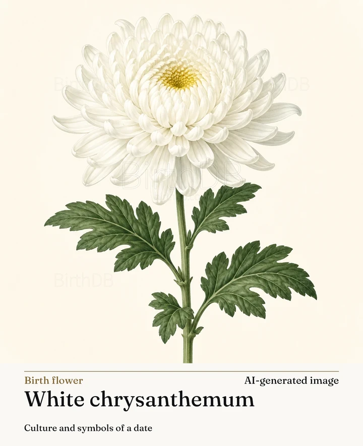 White chrysanthemum — BirthDB symbolic illustration (AI-generated image)