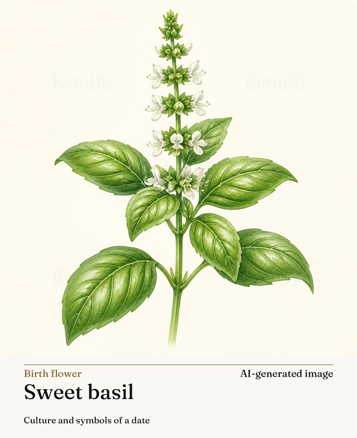 Sweet basil — BirthDB symbolic illustration (AI-generated image)