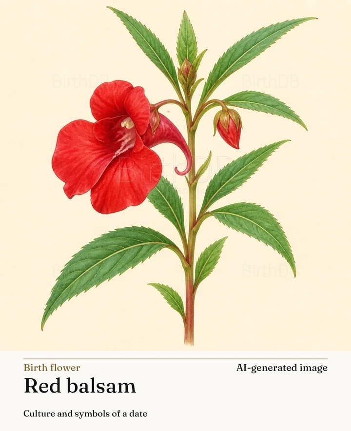 Red balsam — BirthDB symbolic illustration (AI-generated image)