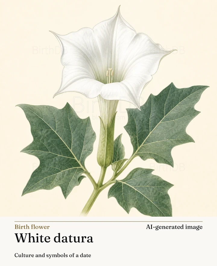 White datura — BirthDB symbolic illustration (AI-generated image)