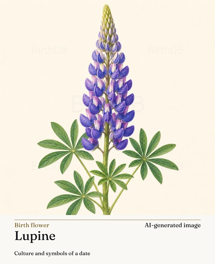 Lupine — BirthDB symbolic illustration (AI-generated image)