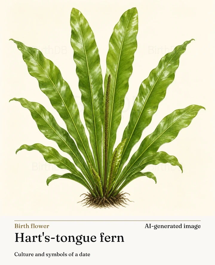 Hart's-tongue fern — BirthDB symbolic illustration (AI-generated image)