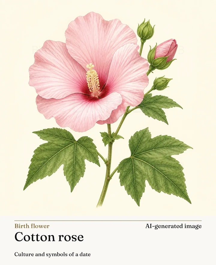 Cotton rose — BirthDB symbolic illustration (AI-generated image)