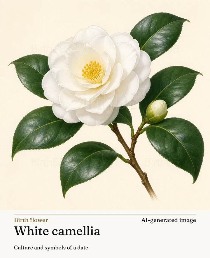 White camellia — BirthDB symbolic illustration (AI-generated image)