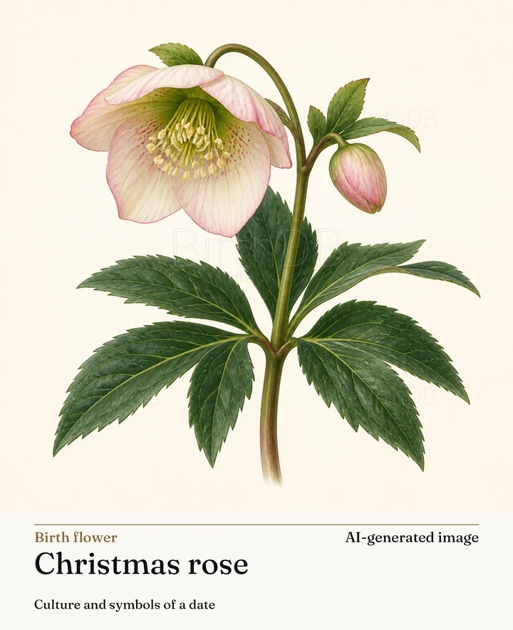 Christmas rose — BirthDB symbolic illustration (AI-generated image)
