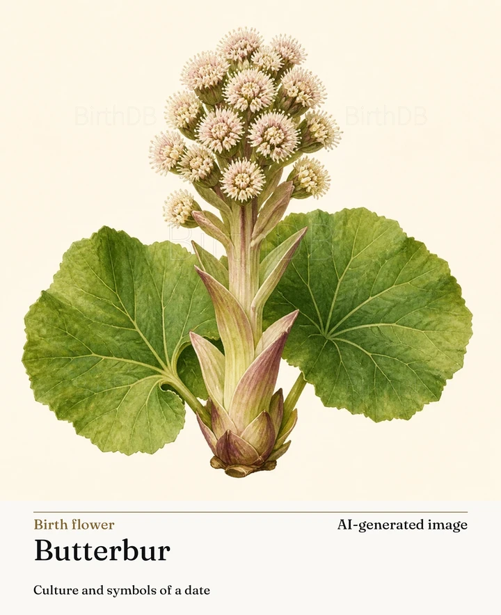 Butterbur — BirthDB symbolic illustration (AI-generated image)
