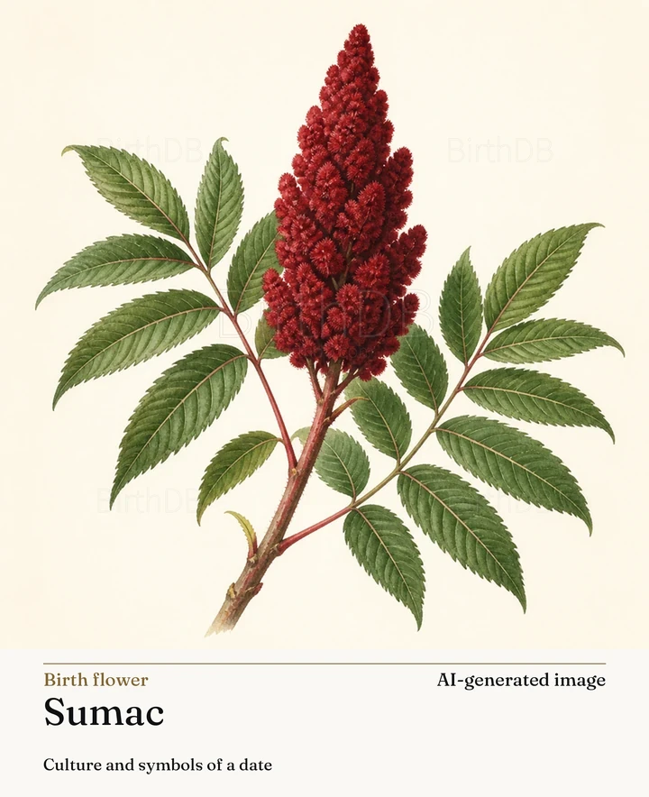 Sumac — BirthDB symbolic illustration (AI-generated image)