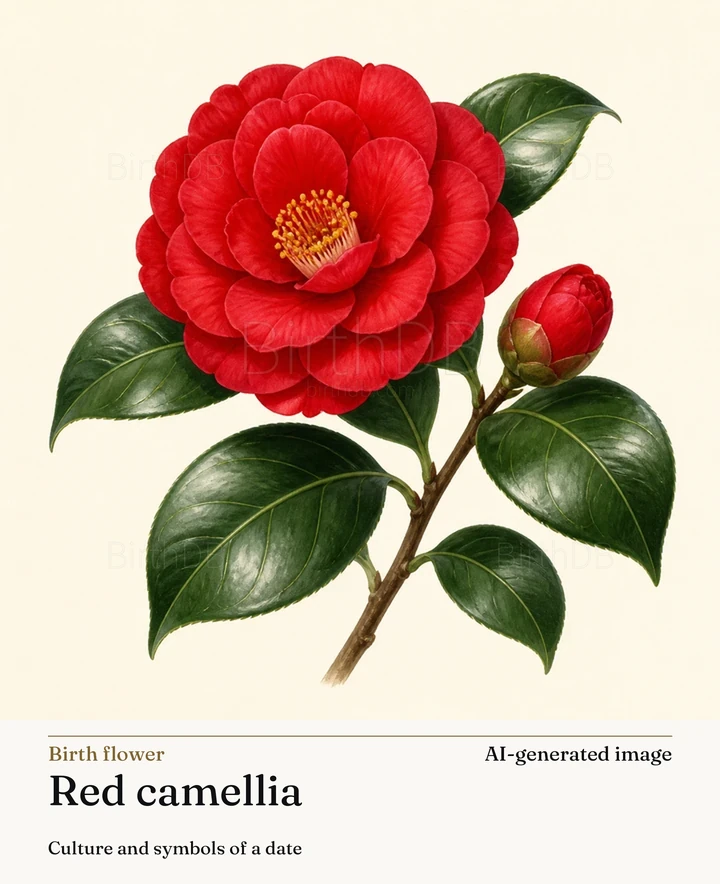 Red camellia — BirthDB symbolic illustration (AI-generated image)