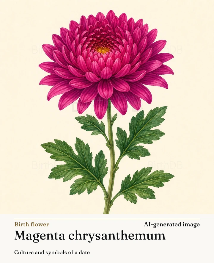 Magenta chrysanthemum — BirthDB symbolic illustration (AI-generated image)