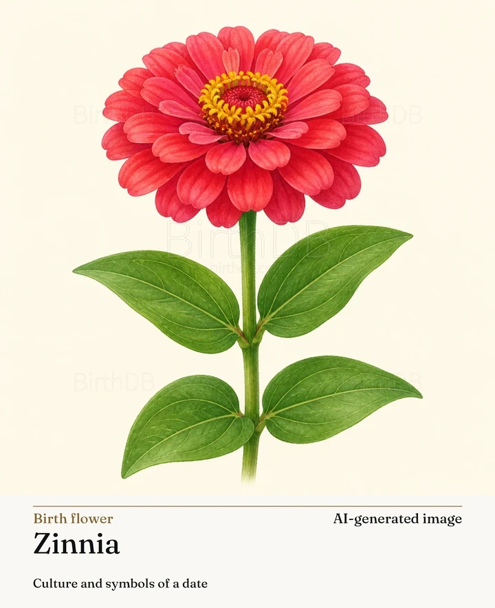 Zinnia — BirthDB symbolic illustration (AI-generated image)
