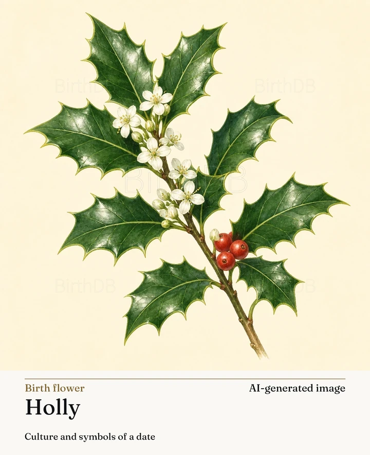 Holly — BirthDB symbolic illustration (AI-generated image)