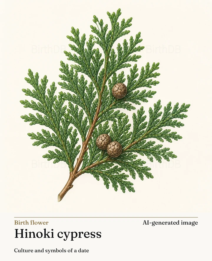 Hinoki cypress — BirthDB symbolic illustration (AI-generated image)