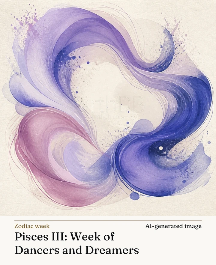 Pisces III: Week of Dancers and Dreamers — BirthDB symbolic illustration (AI-generated image)