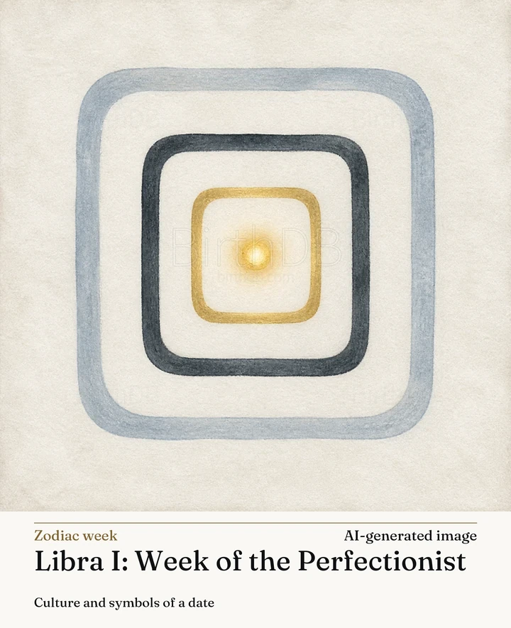 Libra I: Week of the Perfectionist — BirthDB symbolic illustration (AI-generated image)