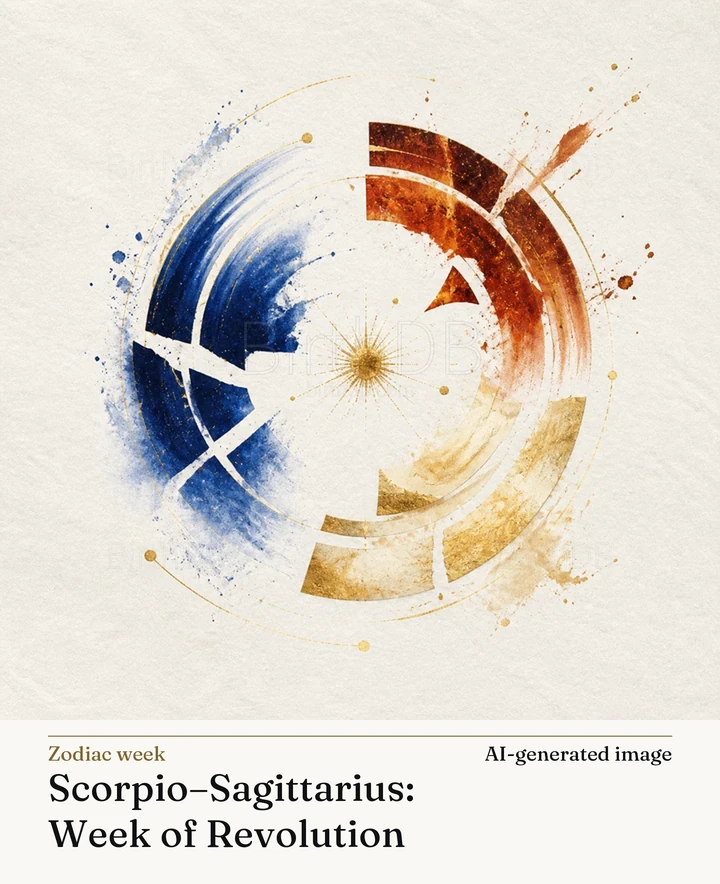 Scorpio–Sagittarius: Week of Revolution — BirthDB symbolic illustration (AI-generated image)