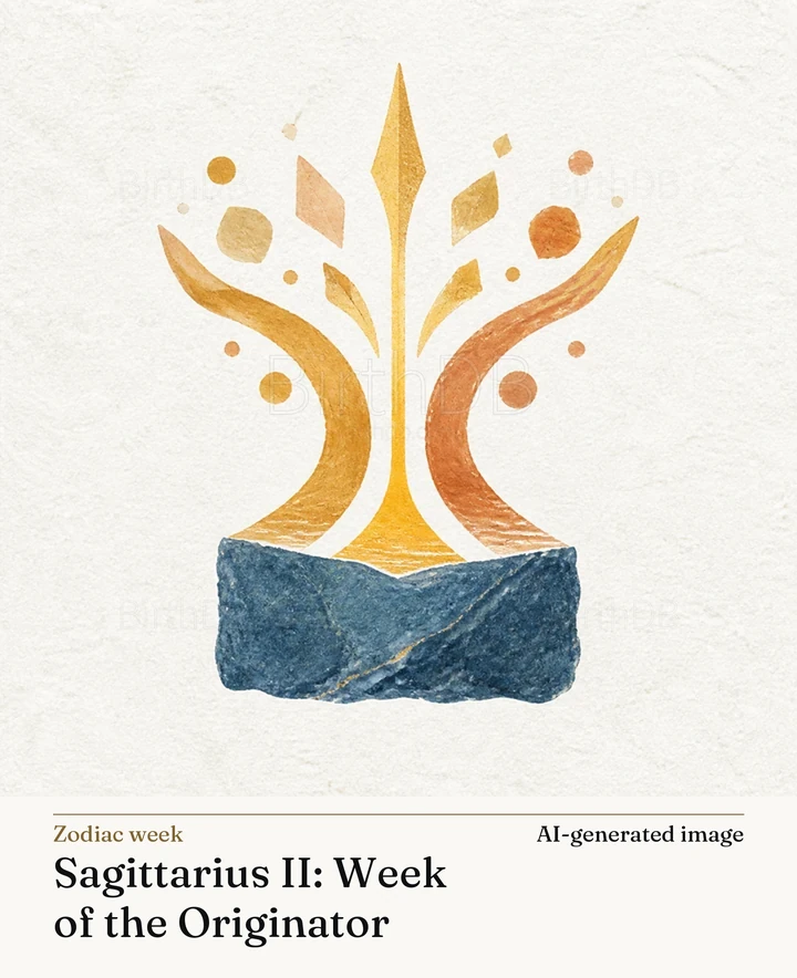 Sagittarius II: Week of the Originator — BirthDB symbolic illustration (AI-generated image)