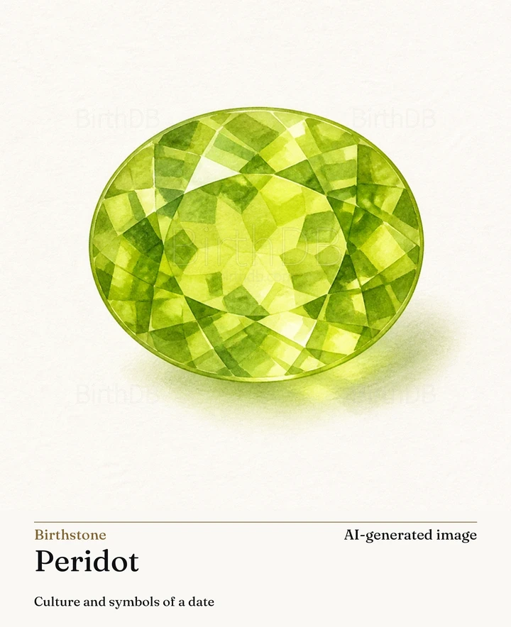 Peridot — BirthDB symbolic illustration (AI-generated image)